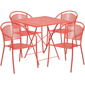 English Elm Oia Commercial-Grade Indoor-Outdoor Steel Folding Patio Table Set with Stackable Chairs for Dining Coral 28" Square CO-28SQF-03CHR4-RED-GG