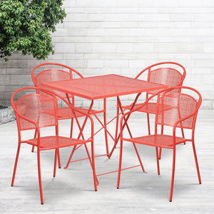 English Elm Oia Commercial-Grade Indoor-Outdoor Steel Folding Patio Table Set with Stackable Chairs for Dining Coral 28" Square CO-28SQF-03CHR4-RED-GG