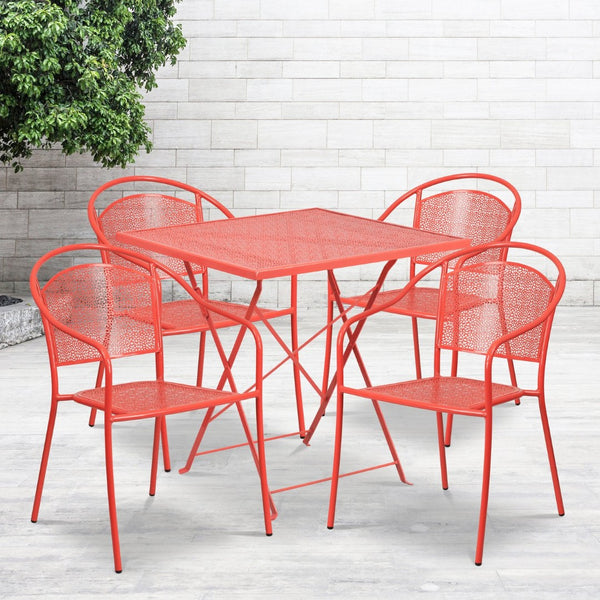 English Elm Oia Commercial-Grade Indoor-Outdoor Steel Folding Patio Table Set with Stackable Chairs for Dining Coral 28" Square CO-28SQF-03CHR4-RED-GG