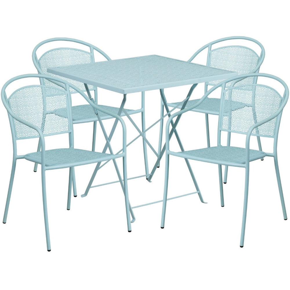 English Elm Oia Commercial-Grade Indoor-Outdoor Steel Folding Patio Table Set with Stackable Chairs for Dining Sky Blue 28" Square CO-28SQF-03CHR4-SKY-GG