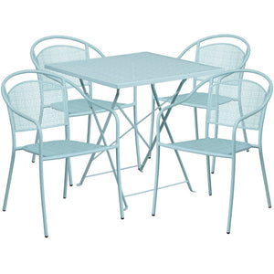 English Elm Oia Commercial-Grade Indoor-Outdoor Steel Folding Patio Table Set with Stackable Chairs for Dining Sky Blue 28" Square CO-28SQF-03CHR4-SKY-GG