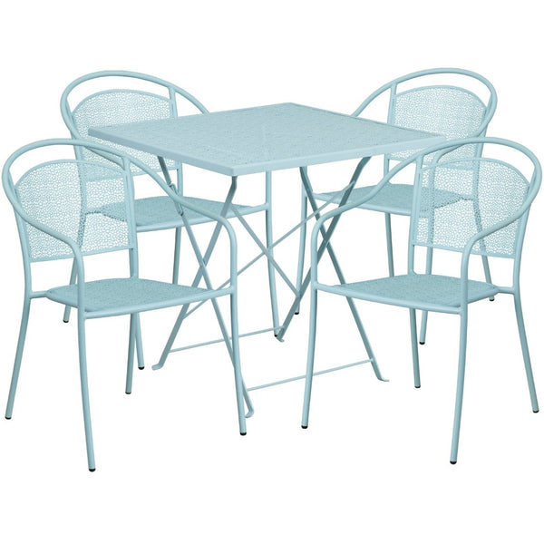 English Elm Oia Commercial-Grade Indoor-Outdoor Steel Folding Patio Table Set with Stackable Chairs for Dining Sky Blue 28" Square CO-28SQF-03CHR4-SKY-GG