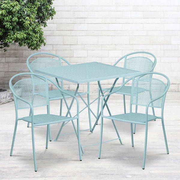 English Elm Oia Commercial-Grade Indoor-Outdoor Steel Folding Patio Table Set with Stackable Chairs for Dining Sky Blue 28" Square CO-28SQF-03CHR4-SKY-GG