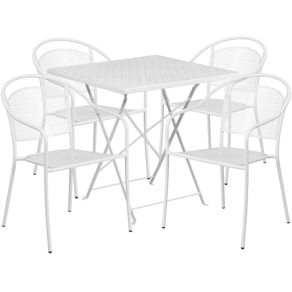 English Elm Oia Commercial-Grade Indoor-Outdoor Steel Folding Patio Table Set with Stackable Chairs for Dining White 28" Square CO-28SQF-03CHR4-WH-GG