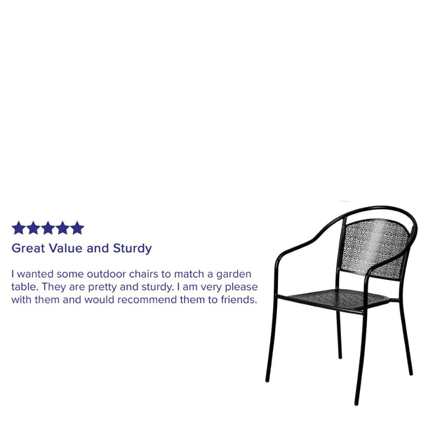 English Elm Oia Commercial-Grade Steel Patio Arm Chair with Curved Back and Decorative Rain-Flower Design Black CO-3-BK-GG