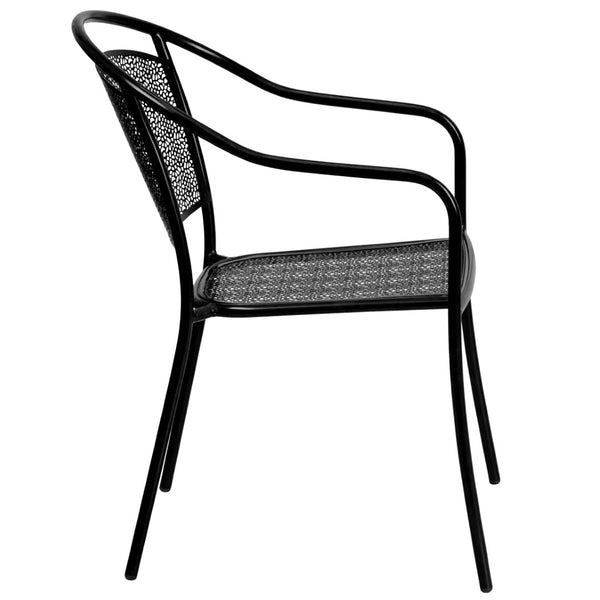 English Elm Oia Commercial-Grade Steel Patio Arm Chair with Curved Back and Decorative Rain-Flower Design Black CO-3-BK-GG