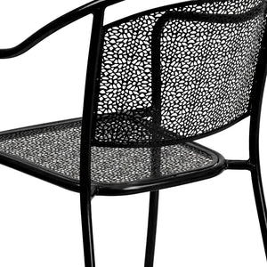 English Elm Oia Commercial-Grade Steel Patio Arm Chair with Curved Back and Decorative Rain-Flower Design Black CO-3-BK-GG