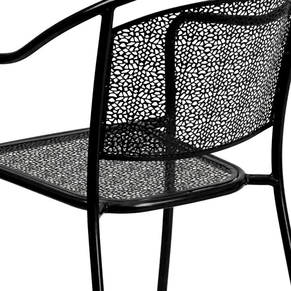 English Elm Oia Commercial-Grade Steel Patio Arm Chair with Curved Back and Decorative Rain-Flower Design Black CO-3-BK-GG