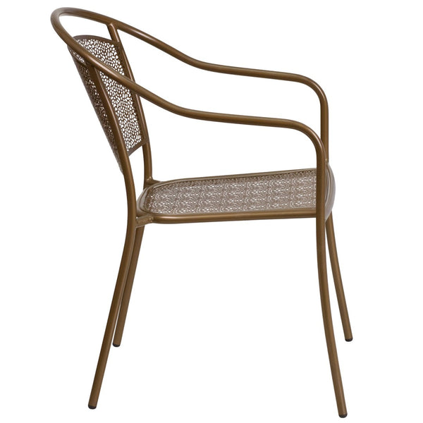 English Elm Oia Commercial-Grade Steel Patio Arm Chair with Curved Back and Decorative Rain-Flower Design Gold CO-3-GD-GG