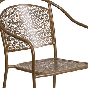 English Elm Oia Commercial-Grade Steel Patio Arm Chair with Curved Back and Decorative Rain-Flower Design Gold CO-3-GD-GG
