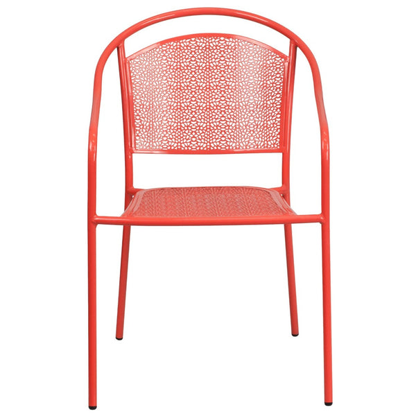 English Elm Oia Commercial-Grade Steel Patio Arm Chair with Curved Back and Decorative Rain-Flower Design Coral CO-3-RED-GG