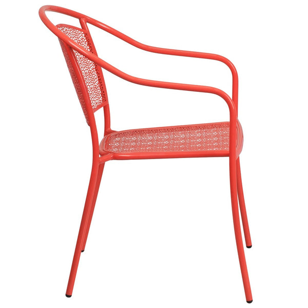 English Elm Oia Commercial-Grade Steel Patio Arm Chair with Curved Back and Decorative Rain-Flower Design Coral CO-3-RED-GG
