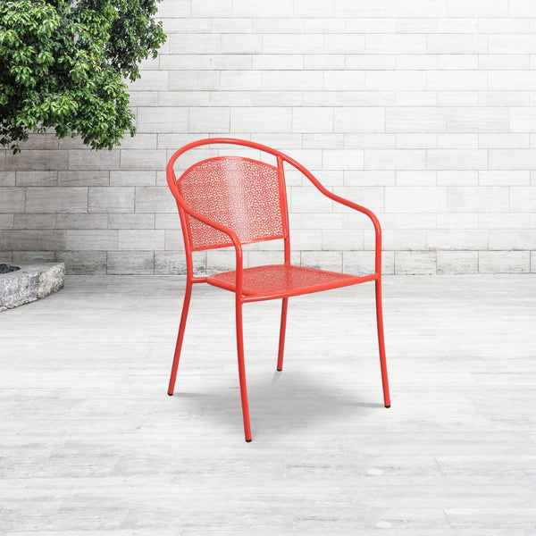 English Elm Oia Commercial-Grade Steel Patio Arm Chair with Curved Back and Decorative Rain-Flower Design Coral CO-3-RED-GG