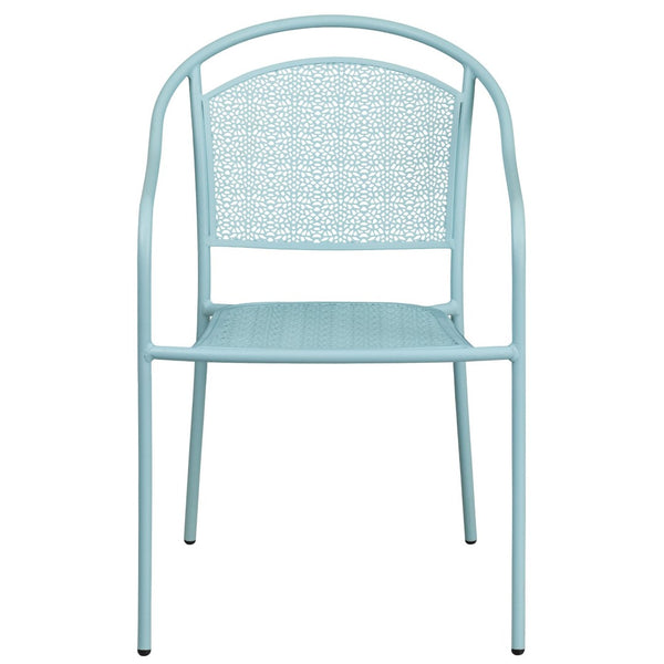 English Elm Oia Commercial-Grade Steel Patio Arm Chair with Curved Back and Decorative Rain-Flower Design Sky Blue CO-3-SKY-GG