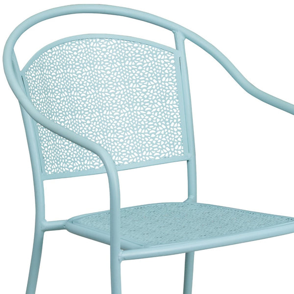 English Elm Oia Commercial-Grade Steel Patio Arm Chair with Curved Back and Decorative Rain-Flower Design Sky Blue CO-3-SKY-GG