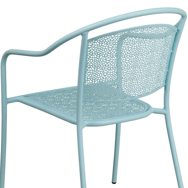 English Elm Oia Commercial-Grade Steel Patio Arm Chair with Curved Back and Decorative Rain-Flower Design Sky Blue CO-3-SKY-GG