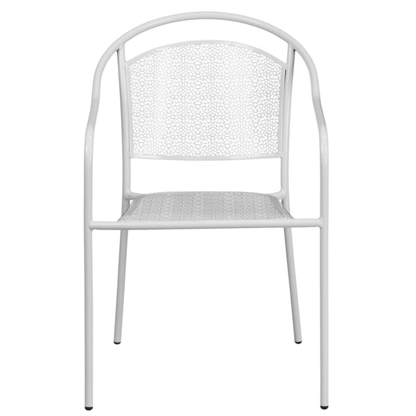 English Elm Oia Commercial-Grade Steel Patio Arm Chair with Curved Back and Decorative Rain-Flower Design White CO-3-WH-GG