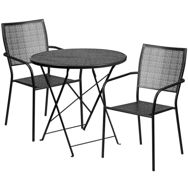 English Elm Oia Commercial-Grade Folding Patio Table Set with 2 Durable Steel Chairs for Indoor-Outdoor Use Black 30" Round CO-30RDF-02CHR2-BK-GG
