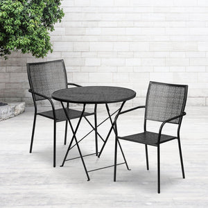 English Elm Oia Commercial-Grade Folding Patio Table Set with 2 Durable Steel Chairs for Indoor-Outdoor Use Black 30" Round CO-30RDF-02CHR2-BK-GG