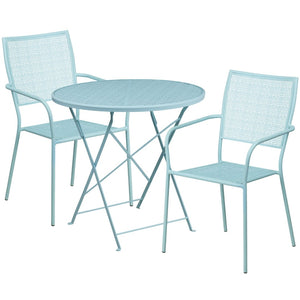 English Elm Oia Commercial-Grade Folding Patio Table Set with 2 Durable Steel Chairs for Indoor-Outdoor Use Sky Blue 30" Round CO-30RDF-02CHR2-SKY-GG