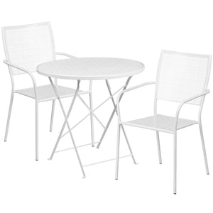 English Elm Oia Commercial-Grade Folding Patio Table Set with 2 Durable Steel Chairs for Indoor-Outdoor Use White 30" Round CO-30RDF-02CHR2-WH-GG