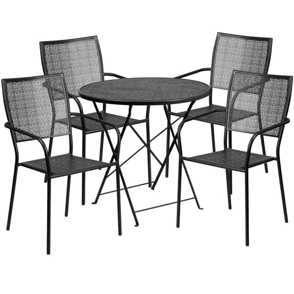 English Elm Oia Commercial-Grade Folding Patio Table Set with 4 Stackable Chairs for Indoor-Outdoor Elegance Black 30" Round CO-30RDF-02CHR4-BK-GG