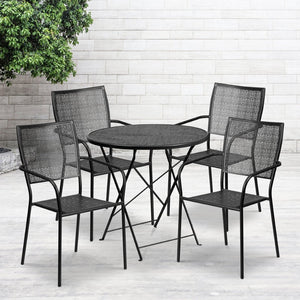English Elm Oia Commercial-Grade Folding Patio Table Set with 4 Stackable Chairs for Indoor-Outdoor Elegance Black 30" Round CO-30RDF-02CHR4-BK-GG
