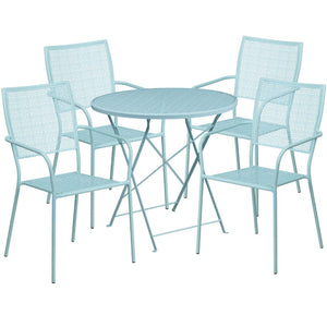 English Elm Oia Commercial-Grade Folding Patio Table Set with 4 Stackable Chairs for Indoor-Outdoor Elegance Sky Blue 30" Round CO-30RDF-02CHR4-SKY-GG