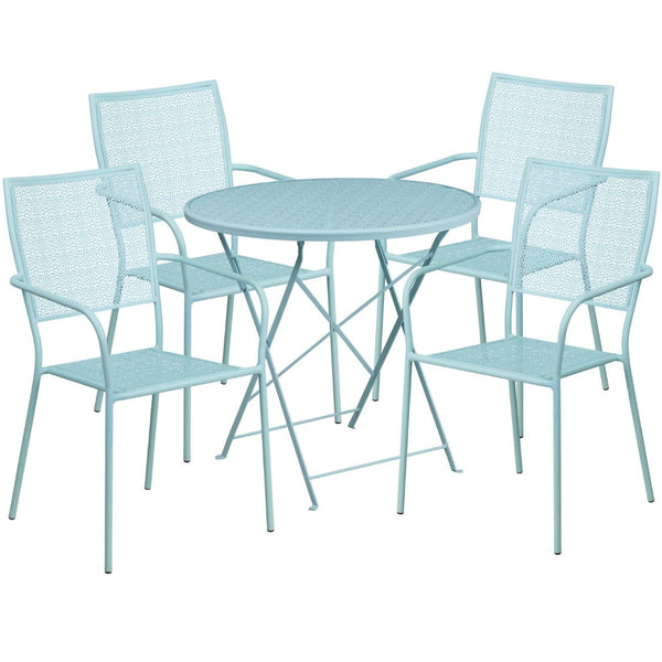 English Elm Oia Commercial-Grade Folding Patio Table Set with 4 Stackable Chairs for Indoor-Outdoor Elegance Sky Blue 30" Round CO-30RDF-02CHR4-SKY-GG