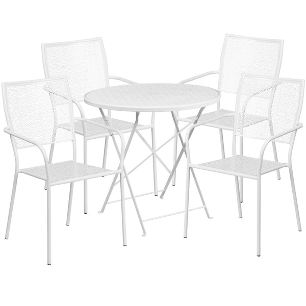 English Elm Oia Commercial-Grade Folding Patio Table Set with 4 Stackable Chairs for Indoor-Outdoor Elegance White 30" Round CO-30RDF-02CHR4-WH-GG