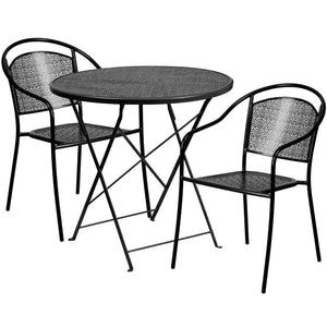 English Elm Oia Commercial-Grade Steel Folding Bistro Table Set with 2 Stylish Round Chairs for Indoor-Outdoor Use Black 30" Round CO-30RDF-03CHR2-BK-GG