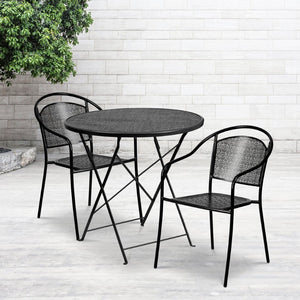 English Elm Oia Commercial-Grade Steel Folding Bistro Table Set with 2 Stylish Round Chairs for Indoor-Outdoor Use Black 30" Round CO-30RDF-03CHR2-BK-GG