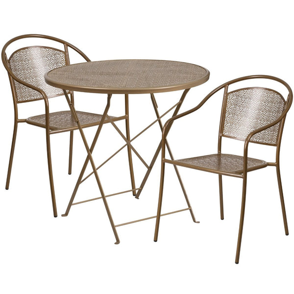 English Elm Oia Commercial-Grade Steel Folding Bistro Table Set with 2 Stylish Round Chairs for Indoor-Outdoor Use Gold 30" Round CO-30RDF-03CHR2-GD-GG