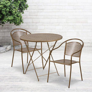 English Elm Oia Commercial-Grade Steel Folding Bistro Table Set with 2 Stylish Round Chairs for Indoor-Outdoor Use Gold 30" Round CO-30RDF-03CHR2-GD-GG
