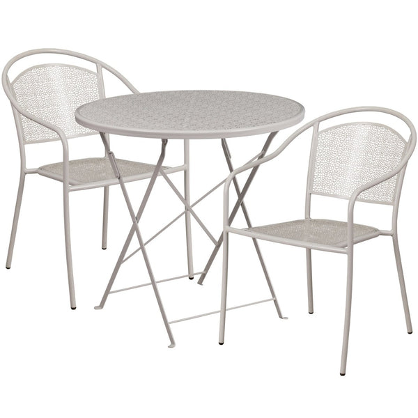 English Elm Oia Commercial-Grade Steel Folding Bistro Table Set with 2 Stylish Round Chairs for Indoor-Outdoor Use Light Gray 30" Round CO-30RDF-03CHR2-SIL-GG