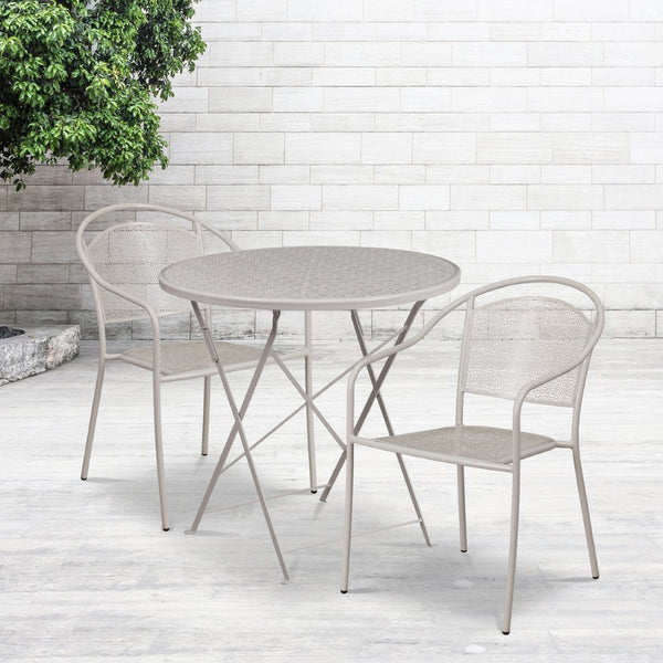 English Elm Oia Commercial-Grade Steel Folding Bistro Table Set with 2 Stylish Round Chairs for Indoor-Outdoor Use Light Gray 30" Round CO-30RDF-03CHR2-SIL-GG