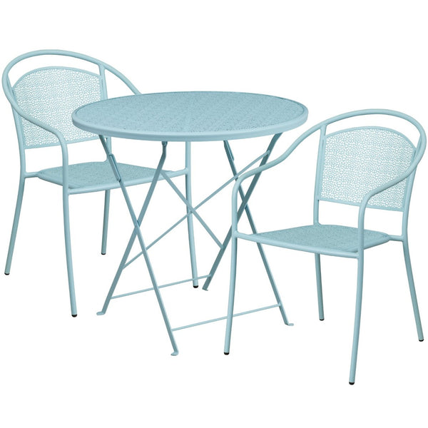 English Elm Oia Commercial-Grade Steel Folding Bistro Table Set with 2 Stylish Round Chairs for Indoor-Outdoor Use Sky Blue 30" Round CO-30RDF-03CHR2-SKY-GG