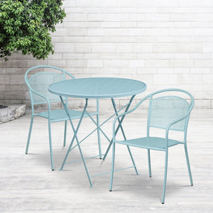 English Elm Oia Commercial-Grade Steel Folding Bistro Table Set with 2 Stylish Round Chairs for Indoor-Outdoor Use Sky Blue 30" Round CO-30RDF-03CHR2-SKY-GG