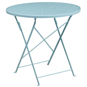 English Elm Oia Commercial-Grade Steel Folding Bistro Table Set with 2 Stylish Round Chairs for Indoor-Outdoor Use Sky Blue 30" Round CO-30RDF-03CHR2-SKY-GG