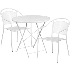 English Elm Oia Commercial-Grade Steel Folding Bistro Table Set with 2 Stylish Round Chairs for Indoor-Outdoor Use White 30" Round CO-30RDF-03CHR2-WH-GG