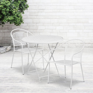 English Elm Oia Commercial-Grade Steel Folding Bistro Table Set with 2 Stylish Round Chairs for Indoor-Outdoor Use White 30" Round CO-30RDF-03CHR2-WH-GG