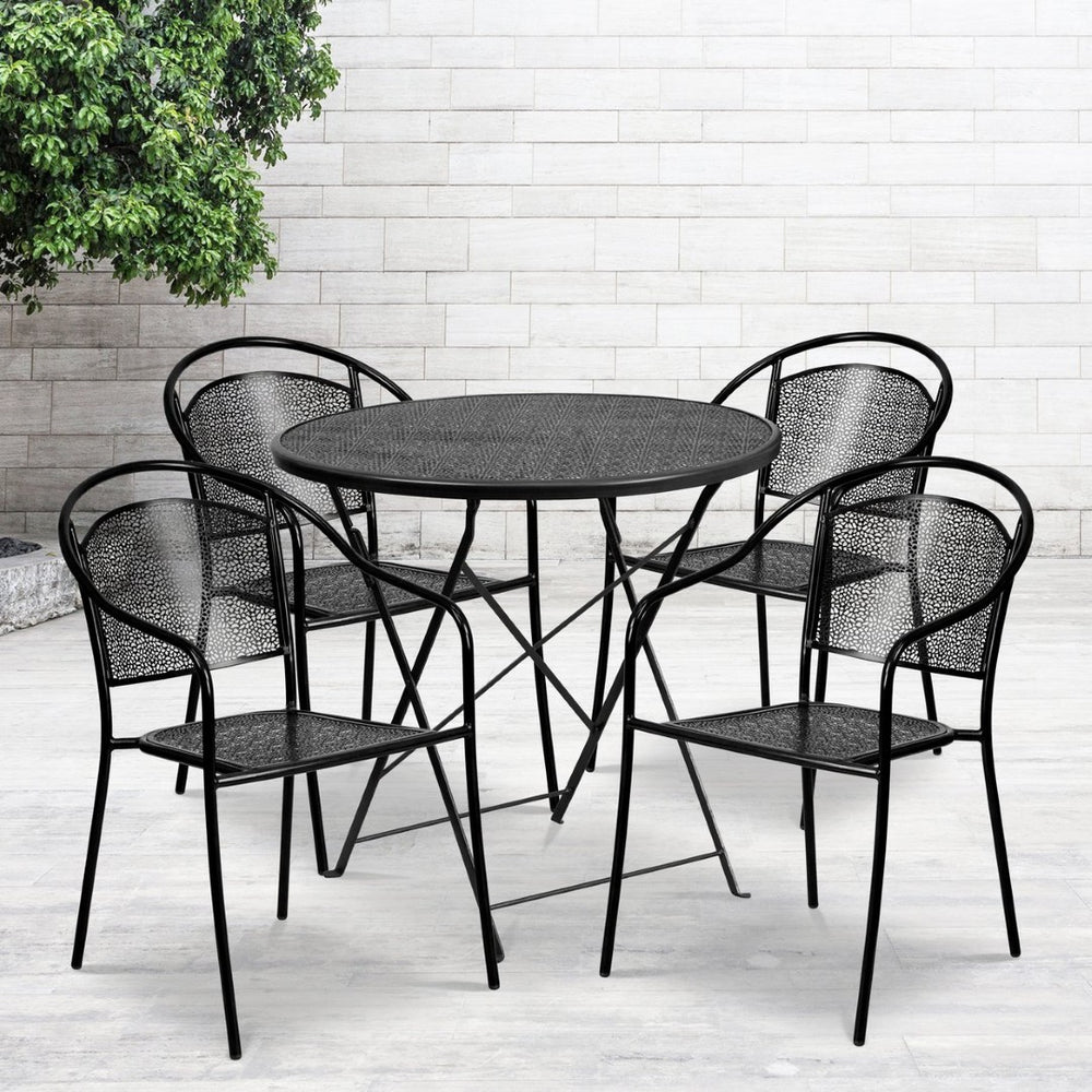 English Elm Oia Commercial-Grade Indoor-Outdoor Steel Folding Patio Table Set with 4 Chairs for Dining Enjoyment Black 30" Round CO-30RDF-03CHR4-BK-GG