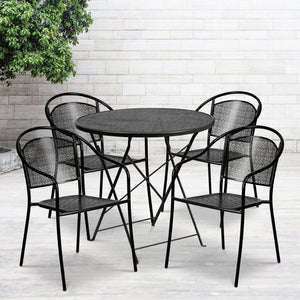 English Elm Oia Commercial-Grade Indoor-Outdoor Steel Folding Patio Table Set with 4 Chairs for Dining Enjoyment Black 30" Round CO-30RDF-03CHR4-BK-GG