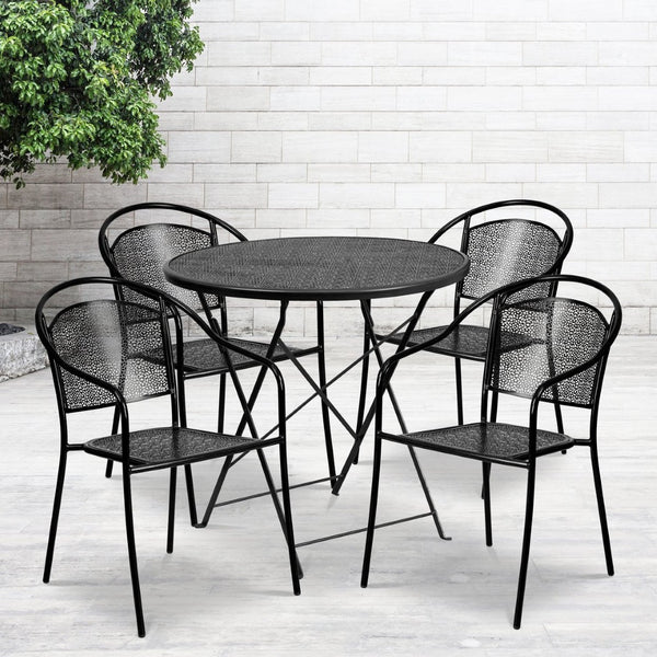 English Elm Oia Commercial-Grade Indoor-Outdoor Steel Folding Patio Table Set with 4 Chairs for Dining Enjoyment Black 30" Round CO-30RDF-03CHR4-BK-GG