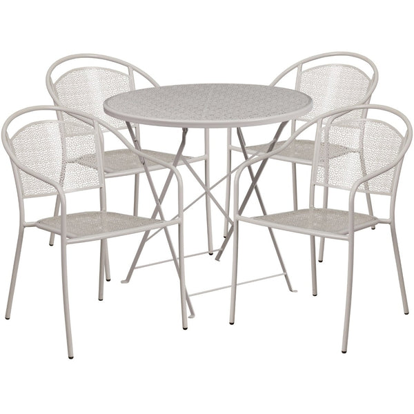 English Elm Oia Commercial-Grade Indoor-Outdoor Steel Folding Patio Table Set with 4 Chairs for Dining Enjoyment Light Gray 30" Round CO-30RDF-03CHR4-SIL-GG