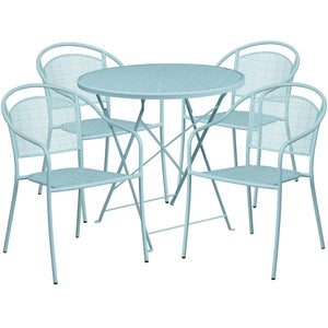English Elm Oia Commercial-Grade Indoor-Outdoor Steel Folding Patio Table Set with 4 Chairs for Dining Enjoyment Sky Blue 30" Round CO-30RDF-03CHR4-SKY-GG