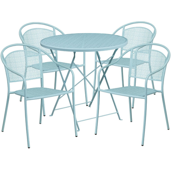 English Elm Oia Commercial-Grade Indoor-Outdoor Steel Folding Patio Table Set with 4 Chairs for Dining Enjoyment Sky Blue 30" Round CO-30RDF-03CHR4-SKY-GG