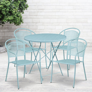 English Elm Oia Commercial-Grade Indoor-Outdoor Steel Folding Patio Table Set with 4 Chairs for Dining Enjoyment Sky Blue 30" Round CO-30RDF-03CHR4-SKY-GG