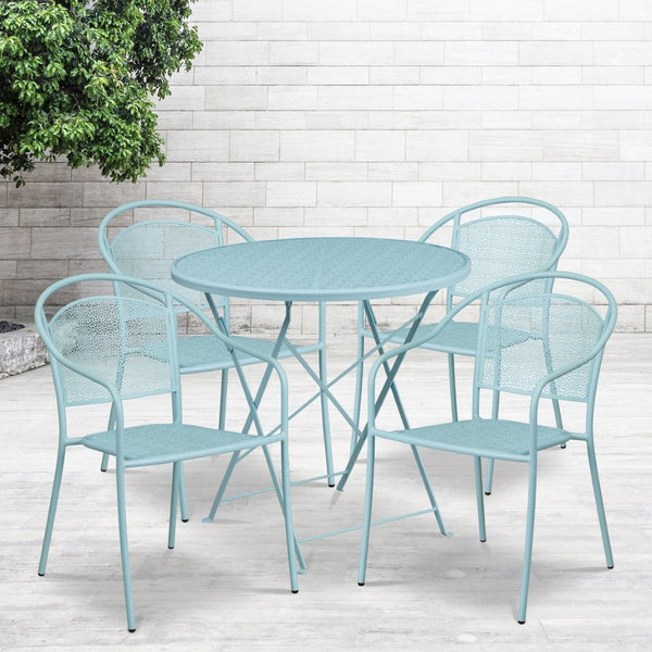 English Elm Oia Commercial-Grade Indoor-Outdoor Steel Folding Patio Table Set with 4 Chairs for Dining Enjoyment Sky Blue 30" Round CO-30RDF-03CHR4-SKY-GG