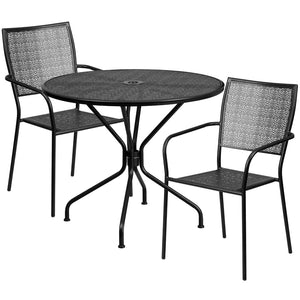English Elm Oia Commercial-Grade Steel Patio Table Set with 2 Stackable Chairs for Indoor-Outdoor Dining Bliss Black 35.25" Round CO-35RD-02CHR2-BK-GG